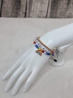 Gennaro Set of 3 Love is Love Rainbow Beaded Stretch Bracelets Gold/Rainbow NWT